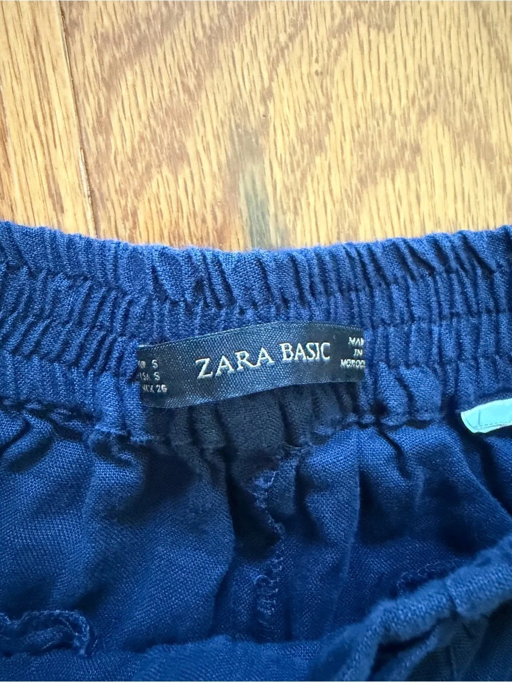 Zara Women's Navy Blue Drawstring Wide-Leg Linen Trousers Small S